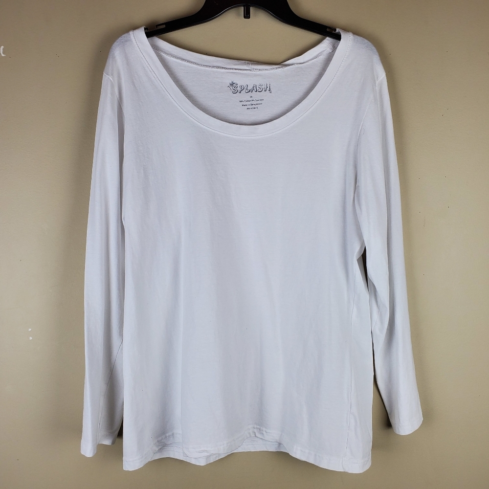 Splash White Scoop Neck Long Sleeve Top - Size 3X
